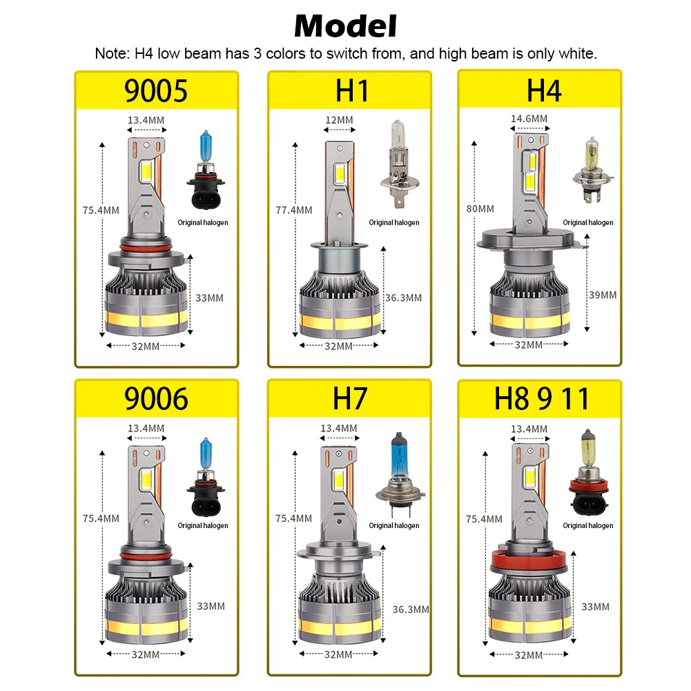 Pair H4 H7 Car LED Headlight Bulb 20000LM 3-Color 3000K 4300K 6000K LED Bulb  New